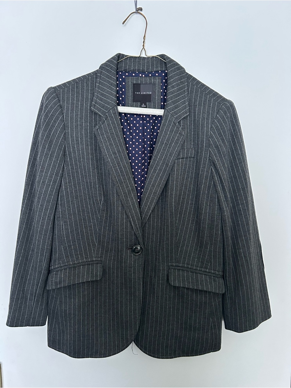 The Limited Dark Gray Pinstripe Blazer with Navy Polka Dot Lining